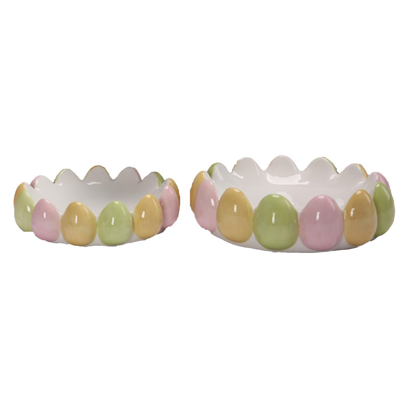 3D Easter Egg Rim Ceramic Fruit Bowl Set of 2, Macaron Tri-Color