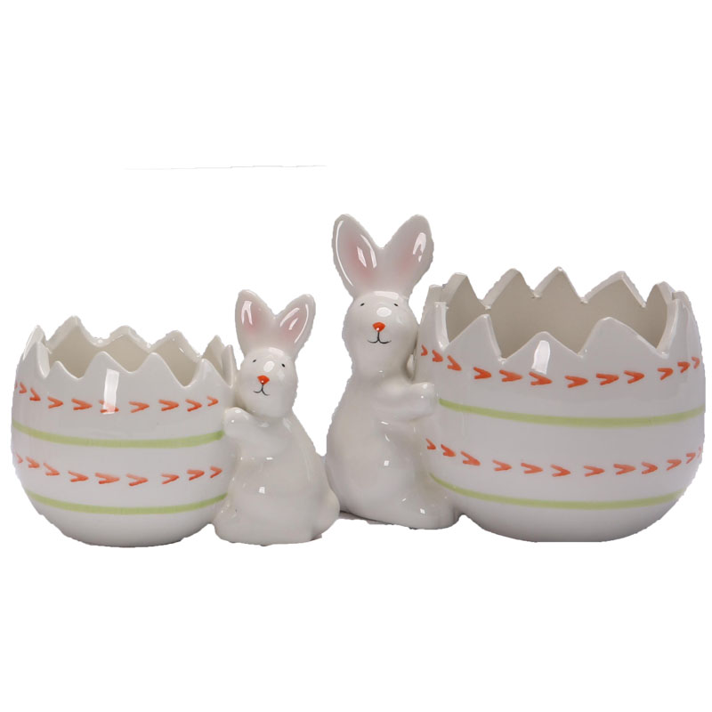Easter Cracked Eggshell Ceramic Rabbit Planter & Storage Ornament