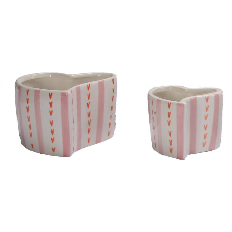 Ceramic Flower Pot With Heart & Striped Decoration, Mini Candy Holder, Sweet Macaron‑Style Spring Tabletop Home Decor