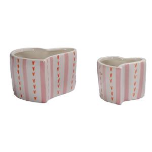 Ceramic Flower Pot With Heart & Striped Decoration, Mini Candy Holder, Sweet Macaron‑Style Spring Tabletop Home Decor