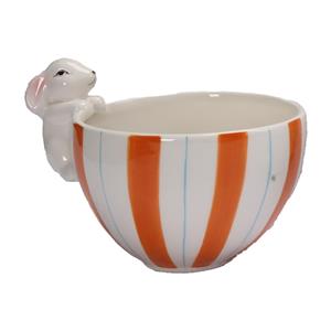 Glossy Striped Ceramic Storage Bowl, 3D Hanging‑Edge Bunny Figurine, Spring Tabletop Home Decor