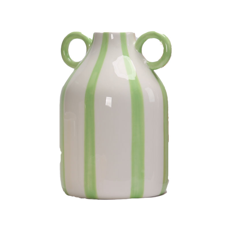 Green & White Vertical Stripe Two-Handle Ceramic Vase, Cream Style