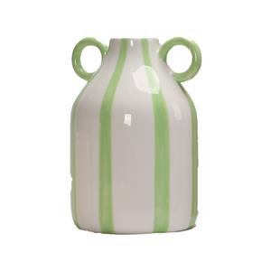 Green & White Vertical Stripe Two-Handle Ceramic Vase, Cream Style