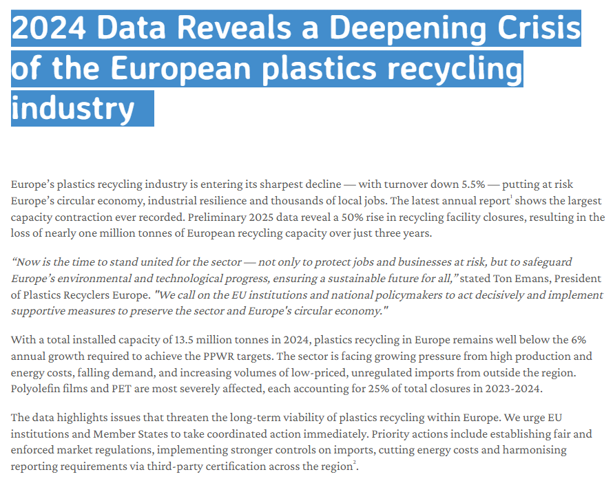 Podatki za leto 2024 razkrivajo poglabljajočo se krizo evropske industrije recikliranja plastike