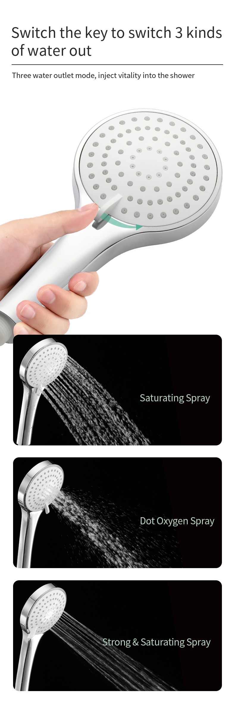 handheld showerhead with 3 spray settings