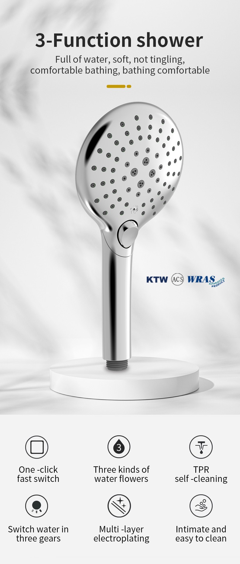 3-function chromed handshower with white cover