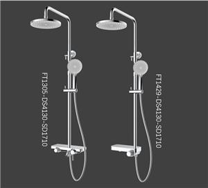 Supapă termostatică cu buton gravat pe raft cu set de duș de culoare diferită