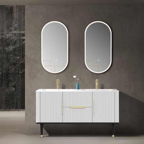 Meuble-lavabo moderne à double lavabo avec miroirs LED – Armoire autoportante blanche avec accents dorés