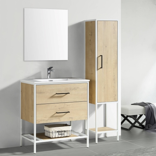 Mobile da bagno con specchio lavabo in ceramica e armadietto laterale