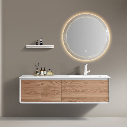 Mueble de baño de madera contrachapada con lavabo de cerámica con tapa de piedra sinterizada