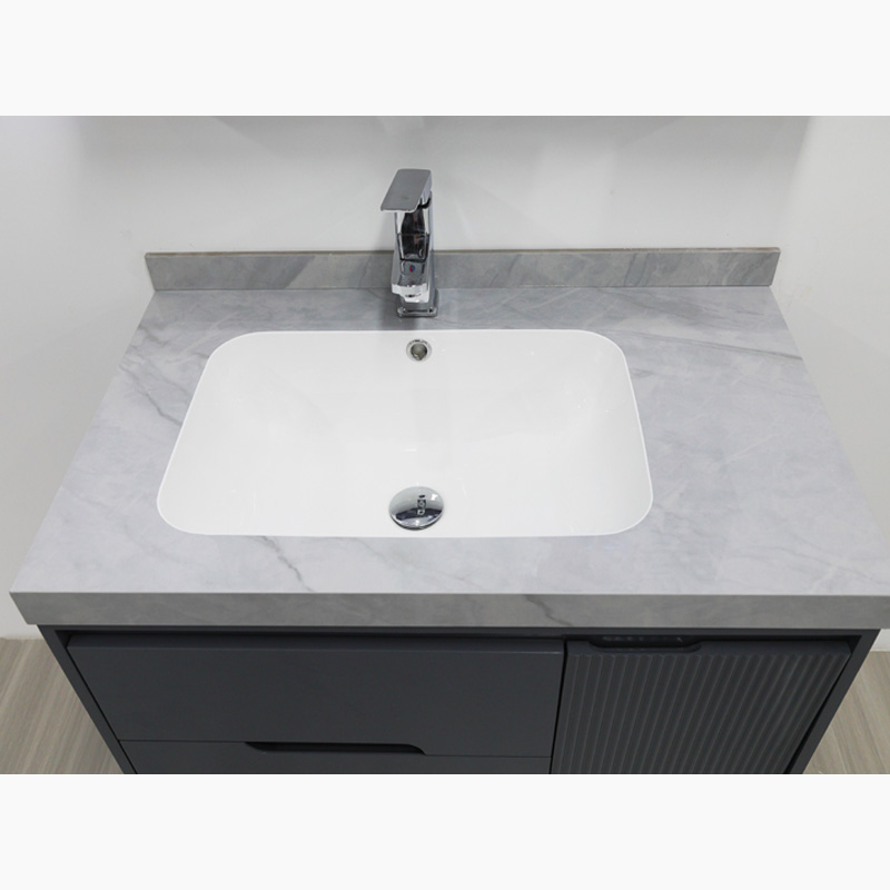 32 Inch PVC Bathroom Vanity with Seamless Stone Basin and LED Mirror Cabinet