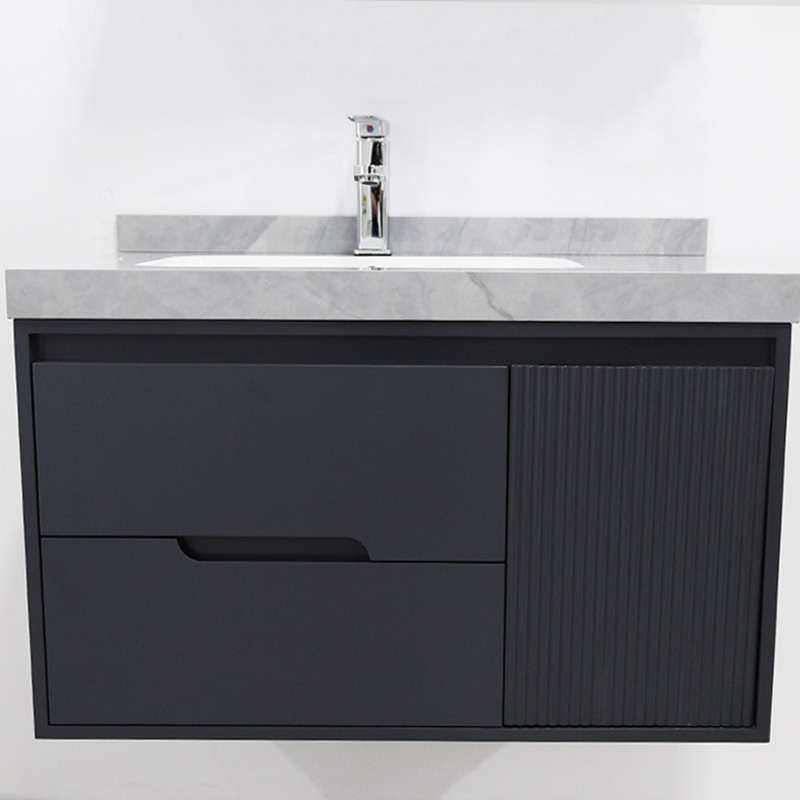 32 Inch PVC Bathroom Vanity with Seamless Stone Basin and LED Mirror Cabinet