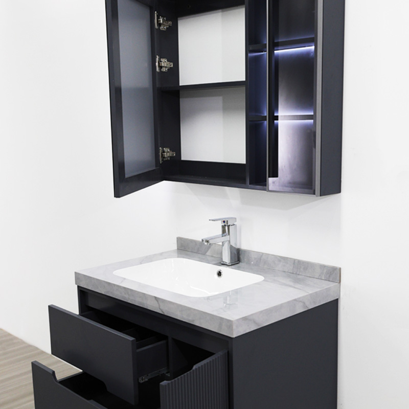 32 Inch PVC Bathroom Vanity with Seamless Stone Basin and LED Mirror Cabinet