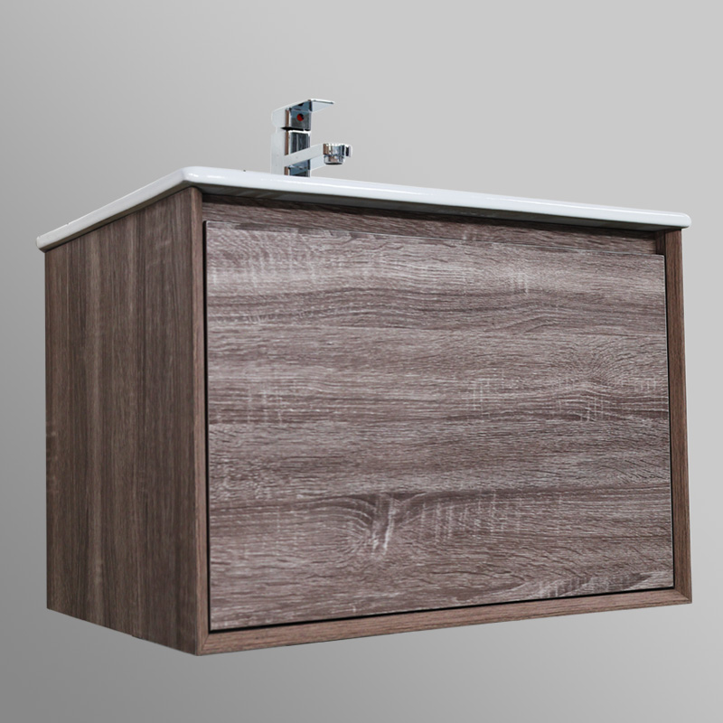 PVC Wooden Style Bathroom Cabinet with Seamless Ceramic Basin and Soft-Close Drawers