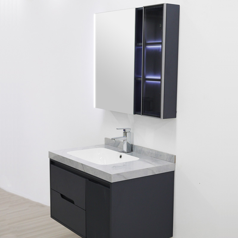 32 Inch PVC Bathroom Vanity with Seamless Stone Basin and LED Mirror Cabinet