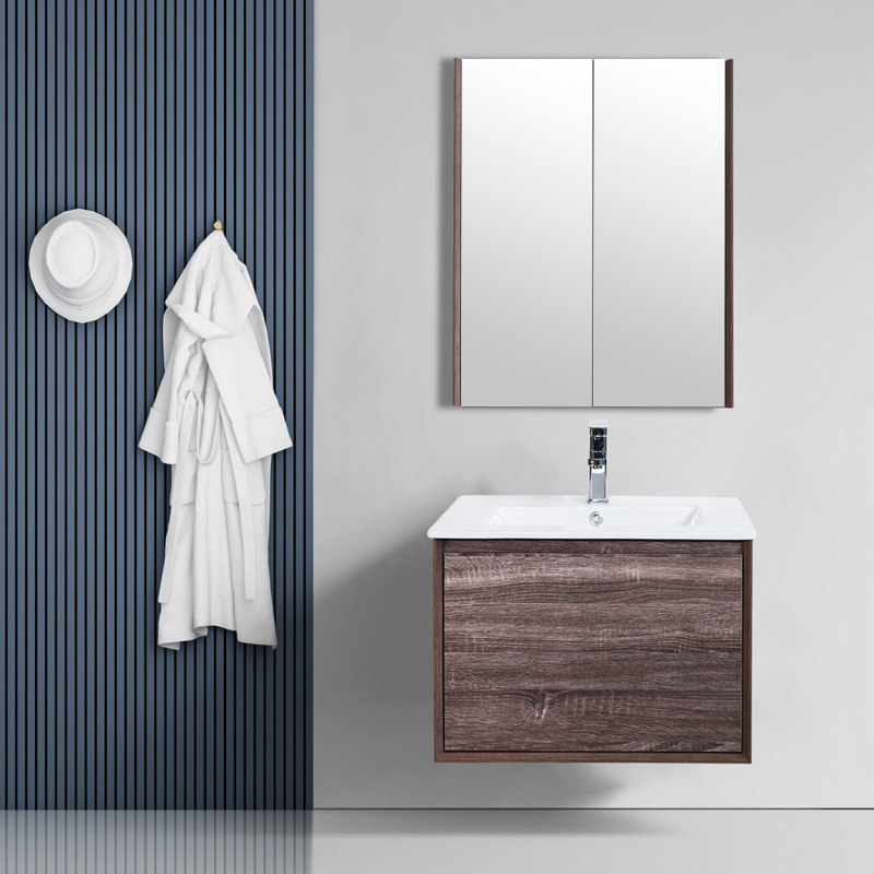 PVC Wooden Style Bathroom Cabinet with Seamless Ceramic Basin and Soft-Close Drawers