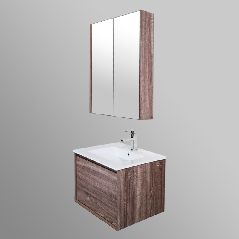 PVC Wooden Style Bathroom Cabinet with Seamless Ceramic Basin and Soft-Close Drawers