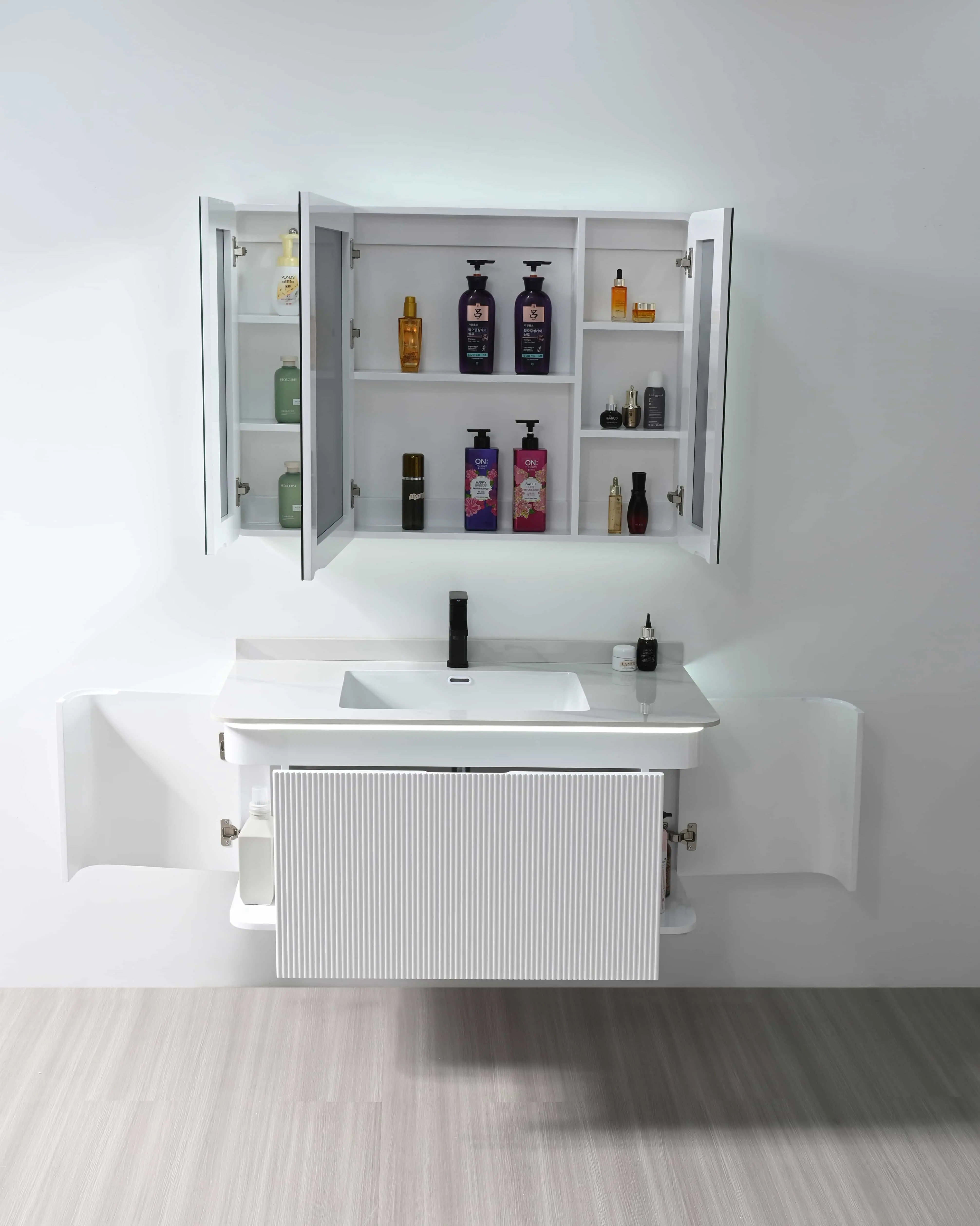 PVC Bathroom Vanity with LED Mirror Cabinet | 1000mm Wall Mounted Bathroom Vanity