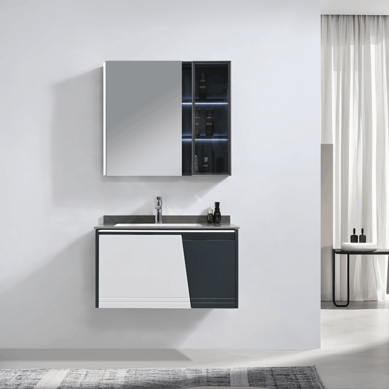 Black and White LED Bathroom Vanity with Sintered Stone Basin, Soft-Closing Drawer, and Integrated LED Mirror Cabinet for Wholesale Distribution