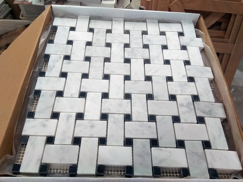 White and Black Marble Honed Basketwave Mosaic Tiles