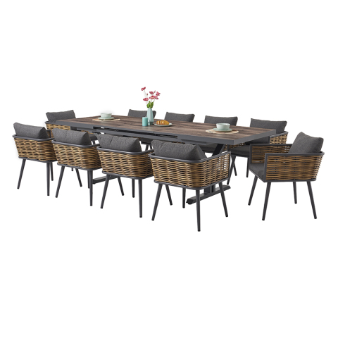 10 Rattan Dinning Chairs extending Teak table Set