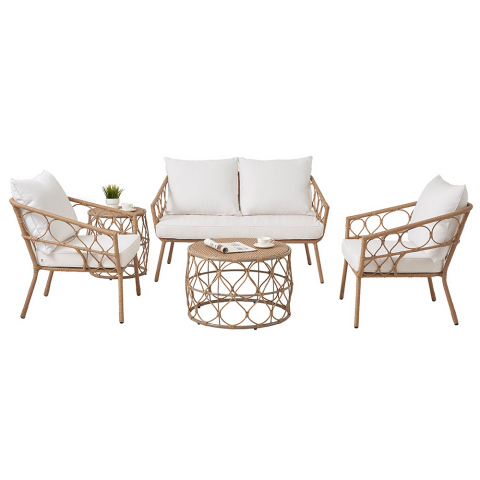 4-Piece Yellow Metal Rattan Furniture Conversation Chair Sofa Sets for Patio & Garden