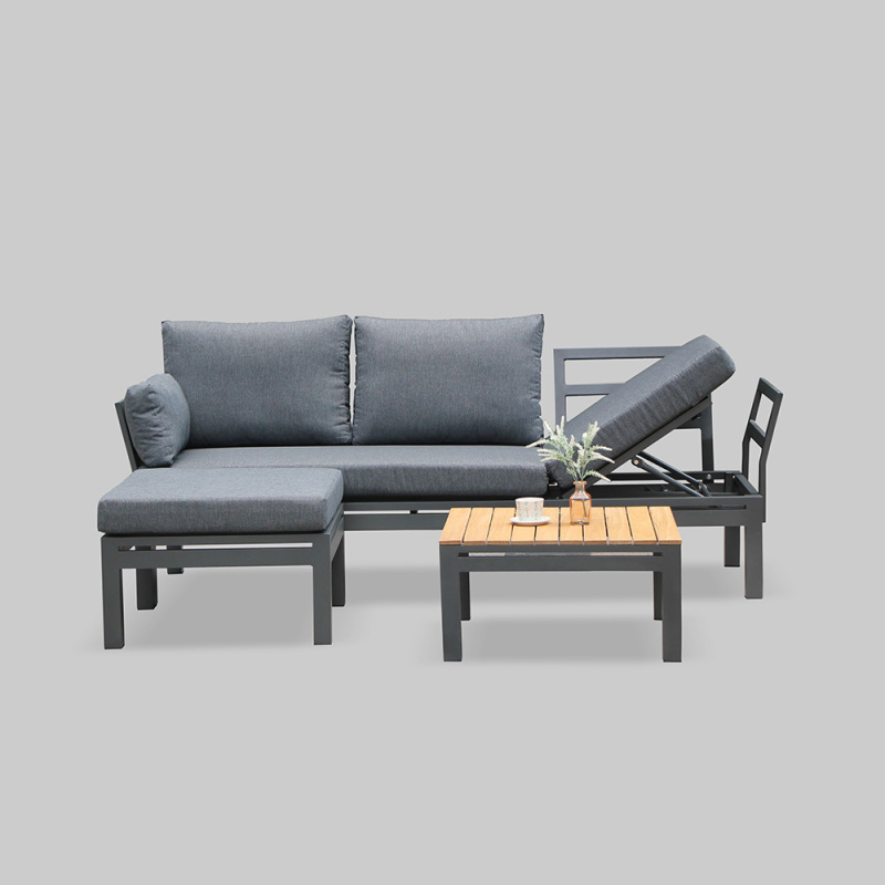 Garden Aluminum Recline Sofa Lounge Set with Teak Wood Table