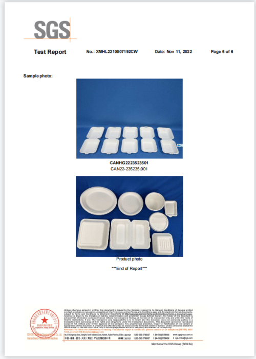 Rapport SGS - Boîte/assiette/bol de bagasse