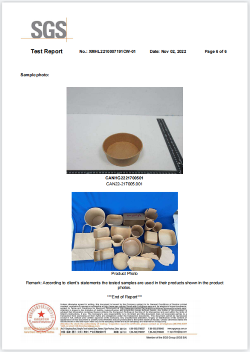 Rapport SGS - Conteneur/boîte/sac/seau en papier kraft