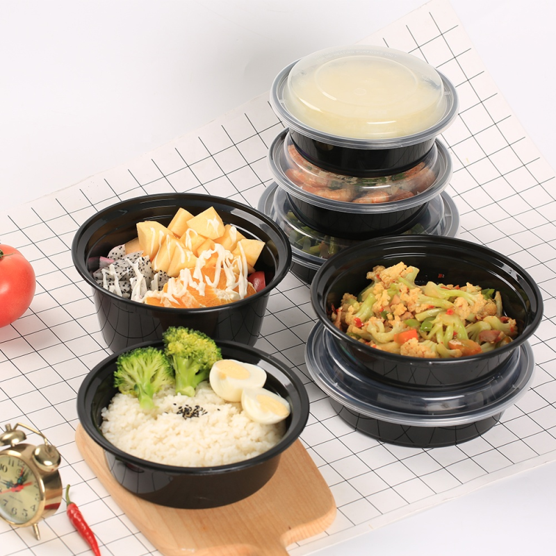 takeaway black round disposable plastic food container