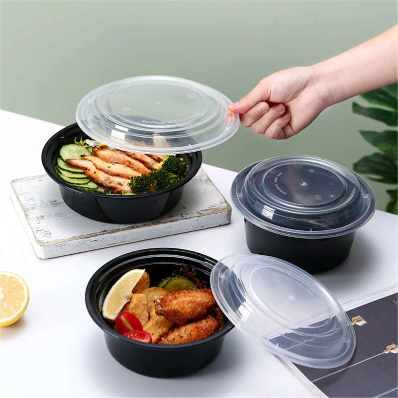 takeaway black round disposable plastic food container
