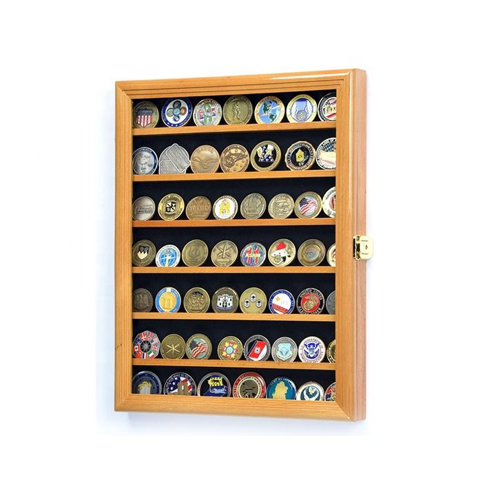 Wooden Coin Wall Display Cabinet With Glass Door