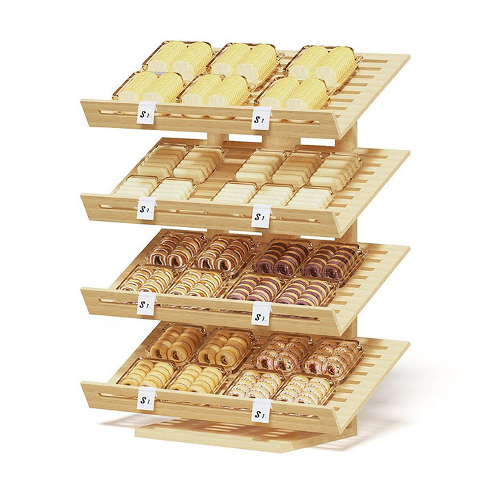 Estante de exhibición de estanterías de pan de madera para tienda minorista