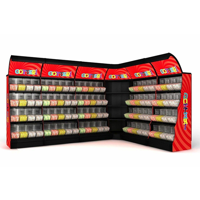 Présentoir de bonbons en acrylique, gondole de magasin de détail mobile