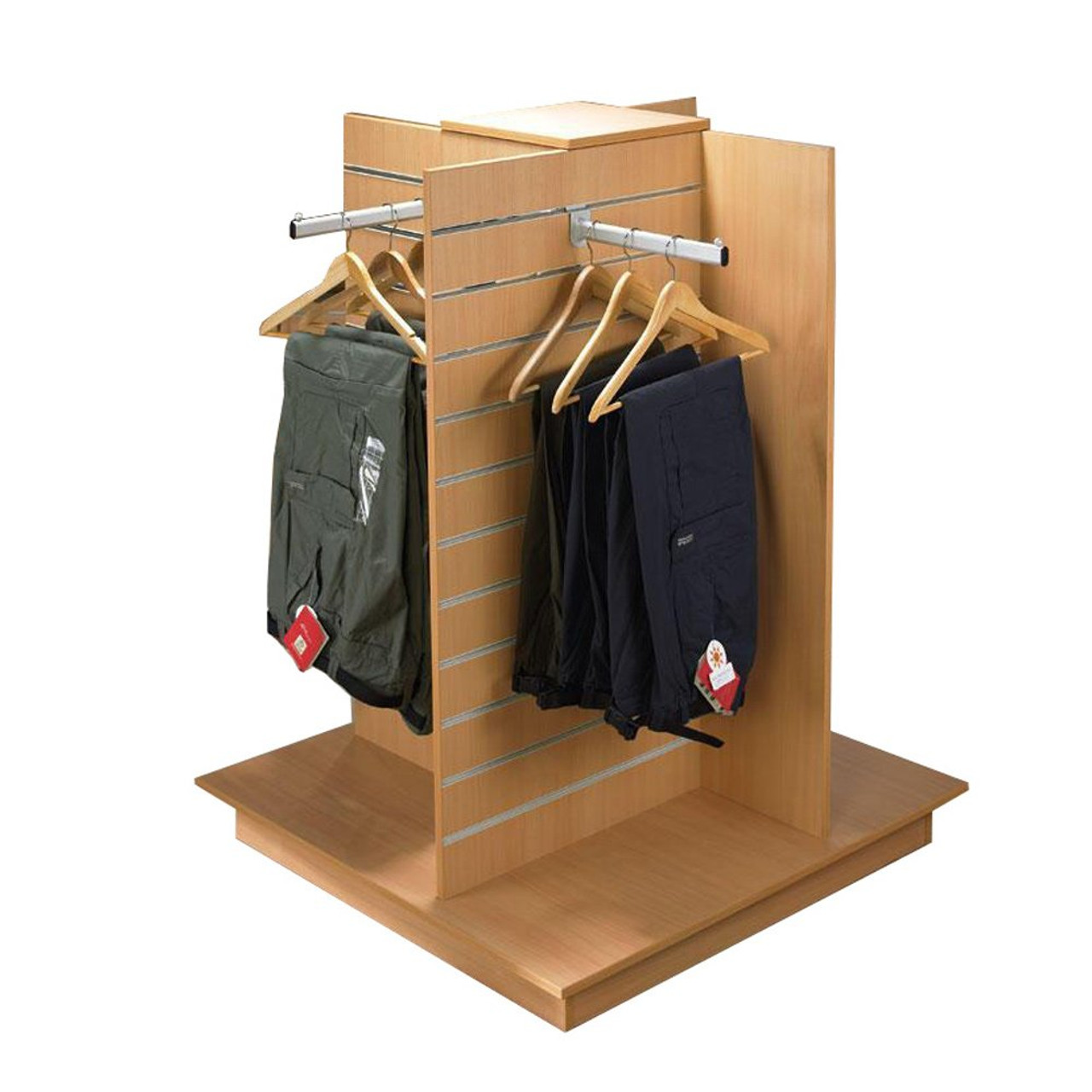 white gondola merchandising retail clothing display stand
