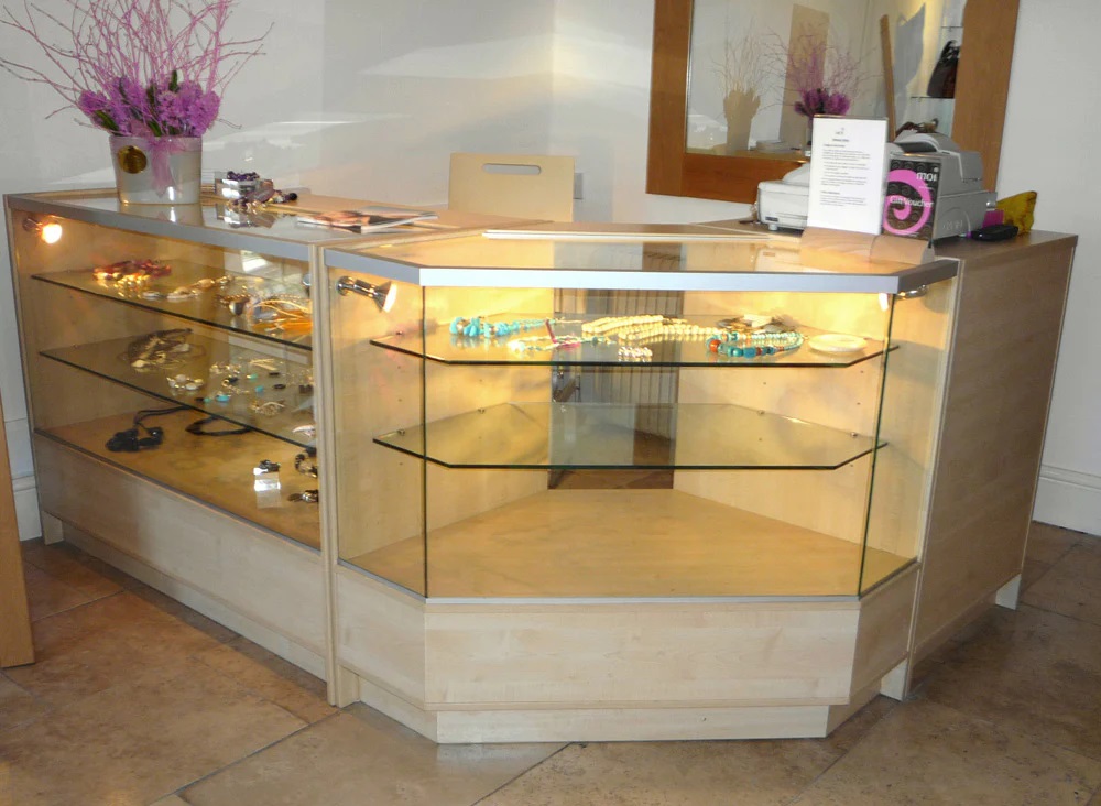 Mesas de exhibición de mostrador de joyería con soporte de exhibición de vidrio
