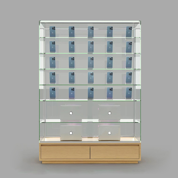 retail modern glass mobile phone tiered display shelf
