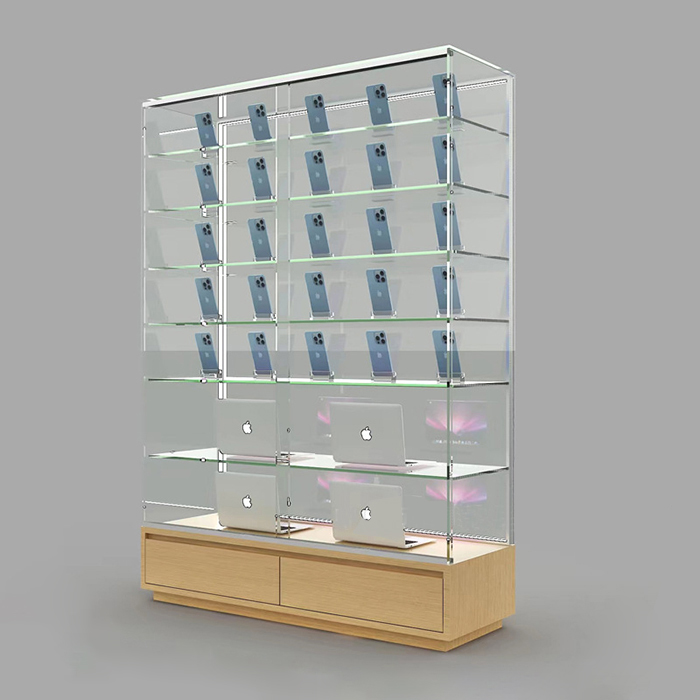 retail modern glass mobile phone tiered display shelf