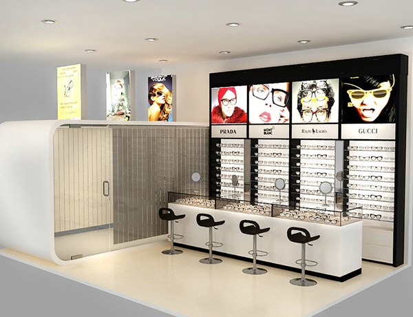 custom retail store sunglass kiosk wall display shelf