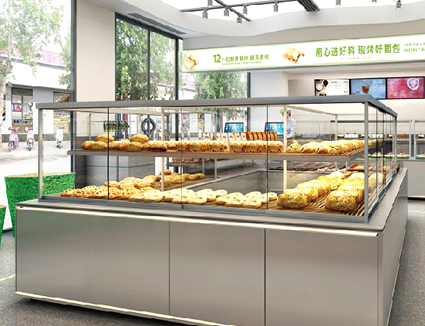 Vitrina de panadería con diseño de interiores para pastelería y panadería.