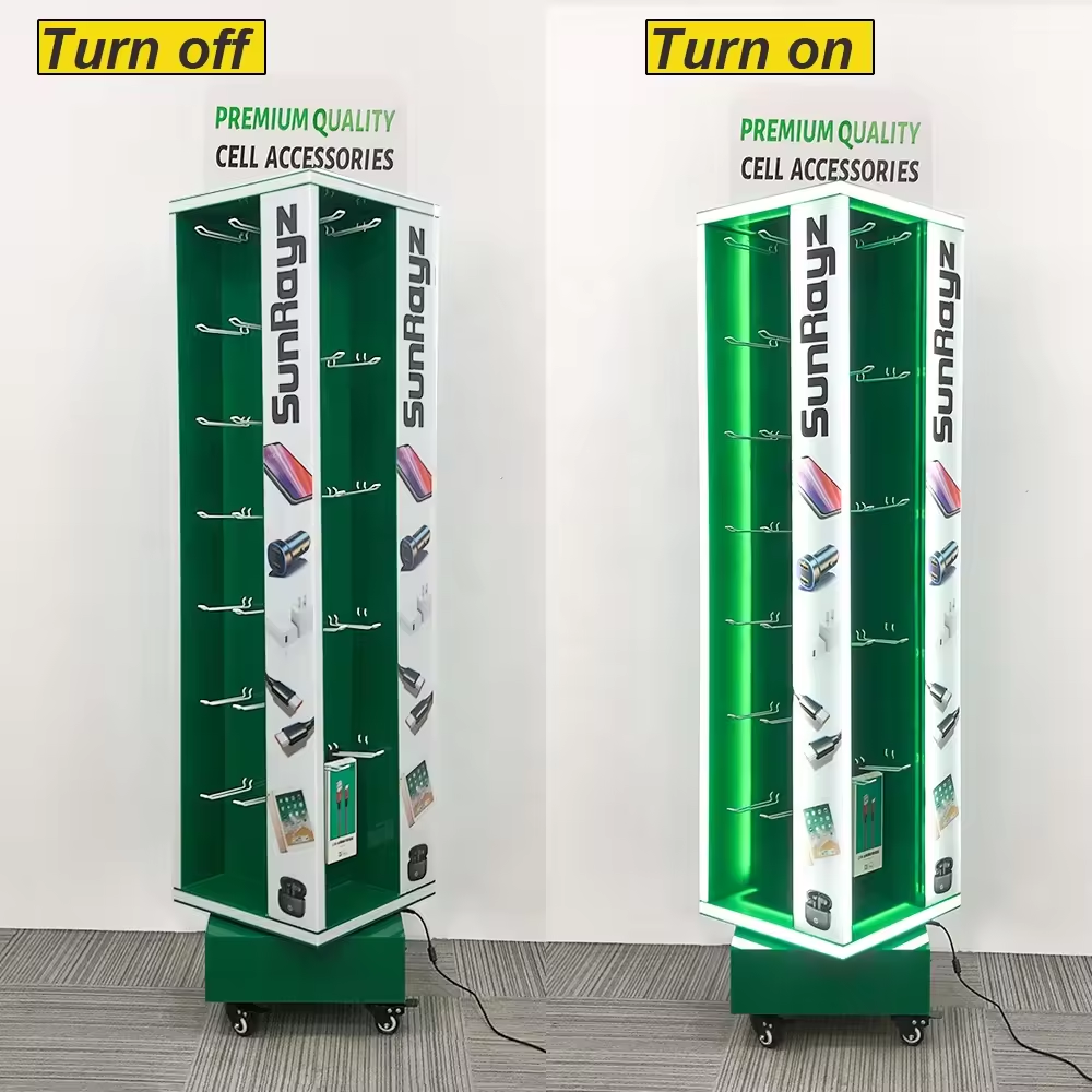 Floor Standing Acrylic Cell Mobile Phone Accessories Display Stand Rack Phone Accessories Display with Wheels