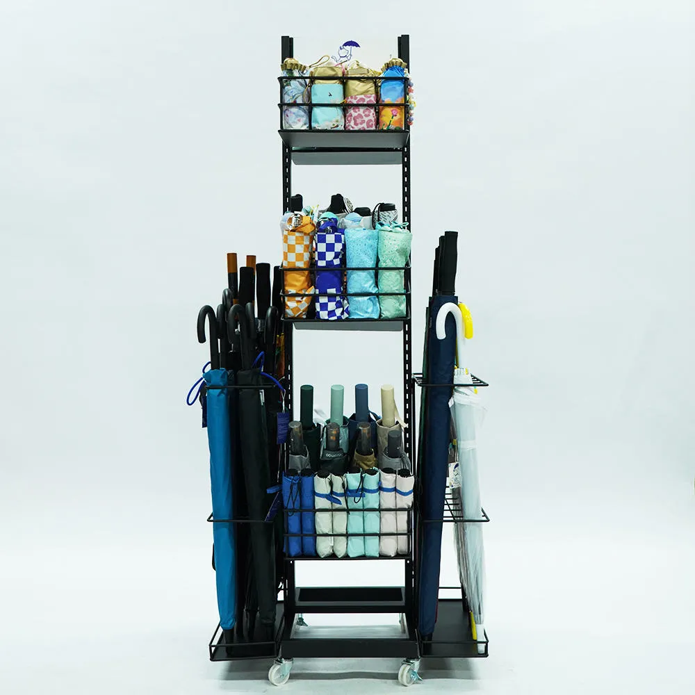 floor standing umbrella display rack with wheels