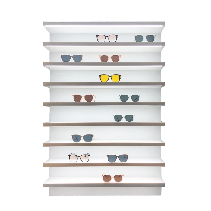 How to organize eyewear using wall display shelves?