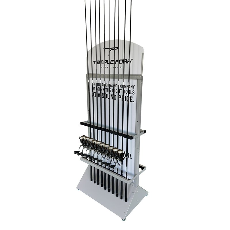 OEM ODM Factory Custom Fishing Rod Display Rack Floor Metal Fishing Rod Display Stand with Pvc Logo Board for Supermarket