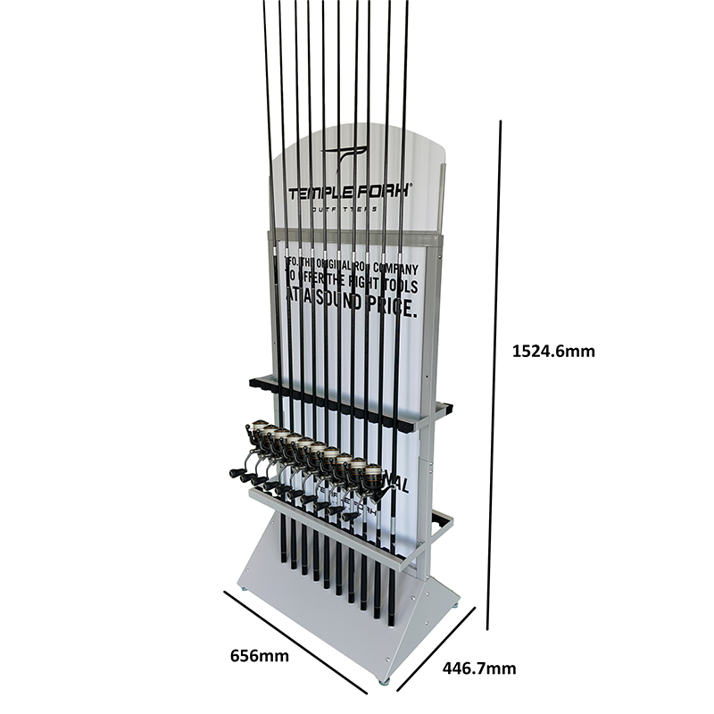 OEM ODM Factory Custom Fishing Rod Display Rack Floor Metal Fishing Rod Display Stand with Pvc Logo Board for Supermarket