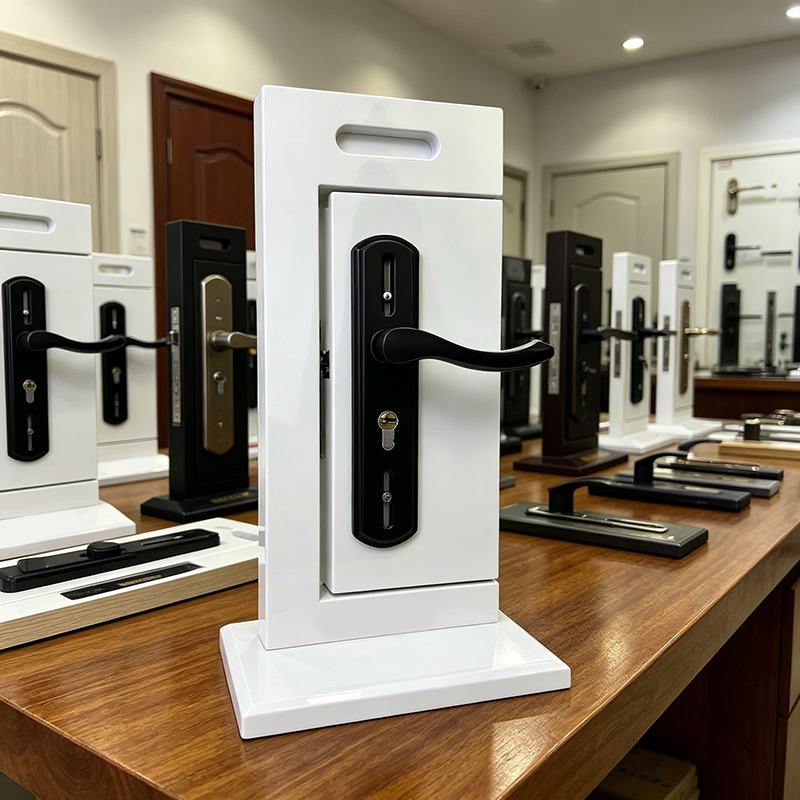 Expositor de mesa personalizado para fechaduras inteligentes de portas, em MDF, para lojas de ferragens (OEM/ODM).