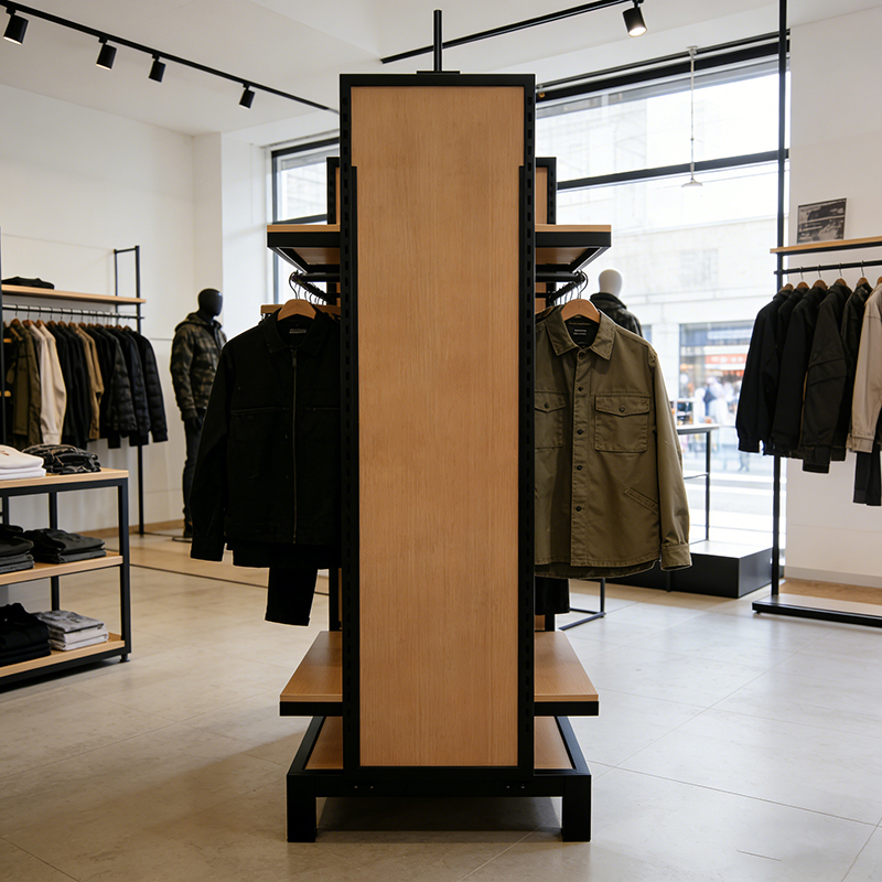 Custom Double Side Metal Retail Clothing Display Clothes Display Racks Shelf With Wooden Shelves for Clothing Shop