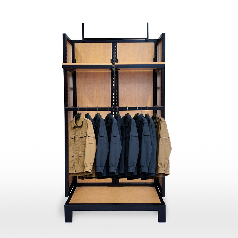 Custom Double Side Metal Retail Clothing Display Clothes Display Racks Shelf With Wooden Shelves for Clothing Shop
