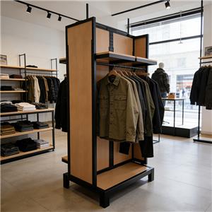 Custom Double Side Metal Retail Clothing Display Clothes Display Racks Shelf With Wooden Shelves for Clothing Shop