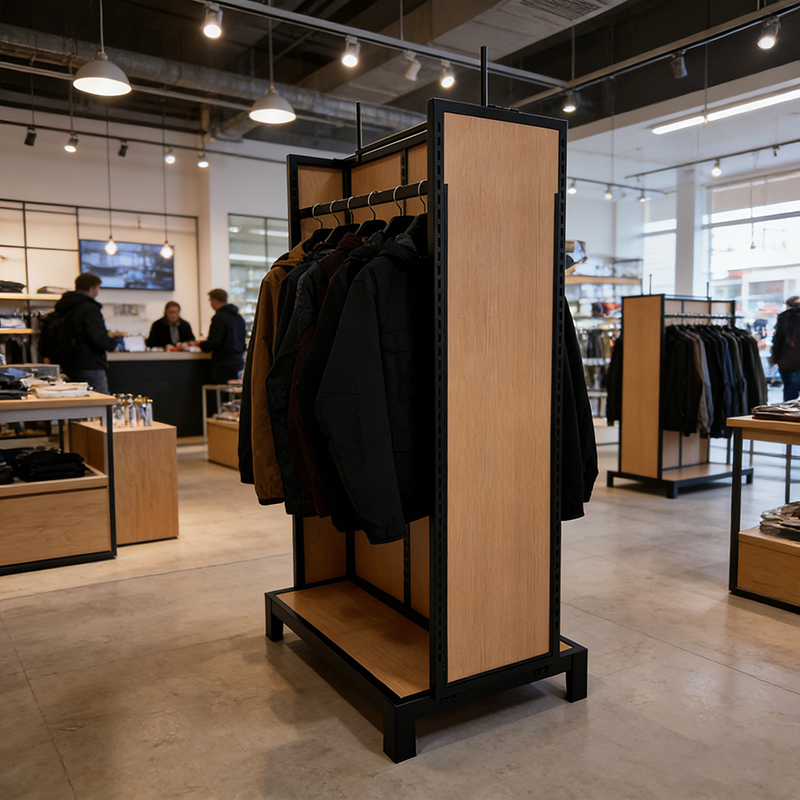 Custom Double Side Metal Retail Clothing Display Clothes Display Racks Shelf With Wooden Shelves for Clothing Shop